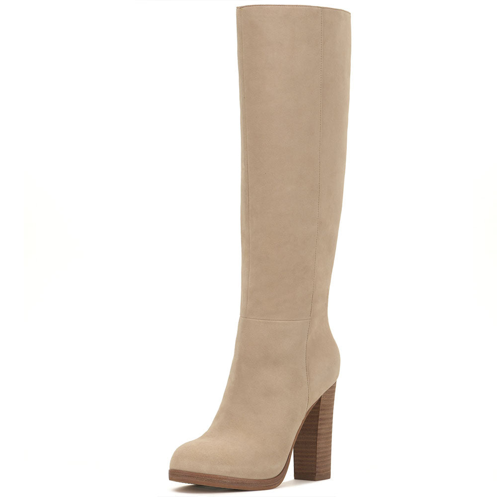 FSJ Nude Round Toe Vegan Suede Knee High Boots with Block Heel