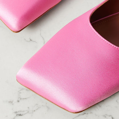 Pink Satin Square Toe Wedding Shoes Rhinestone Strappy Ballet Flats