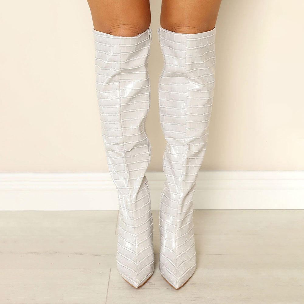 Light Grey Croco Embossed Pointed Toe Knee High Boots with Wedges