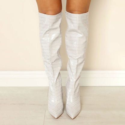 Light Grey Croco Embossed Pointed Toe Knee High Boots with Wedges