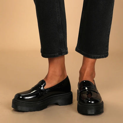 Classic Black Round Toe Patent Leather Chunky Loafers for Women