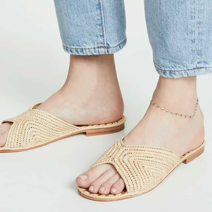Slip-On Nude Woven Raffia Open Toe Flat Slide Sandals for Women