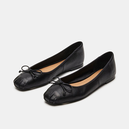 Classic Square Toe Bow Embellishment Ballet Flats in Black