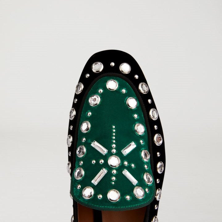 Green and Black Rhinestone Decor Flat Women's Loafers