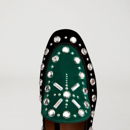 Green and Black Rhinestone Decor Flat Women's Loafers
