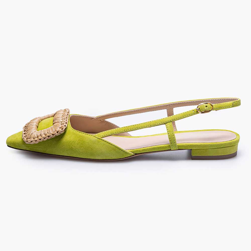 Women's Green Vegan Suede Closed Toe Buckle Slingback Flats