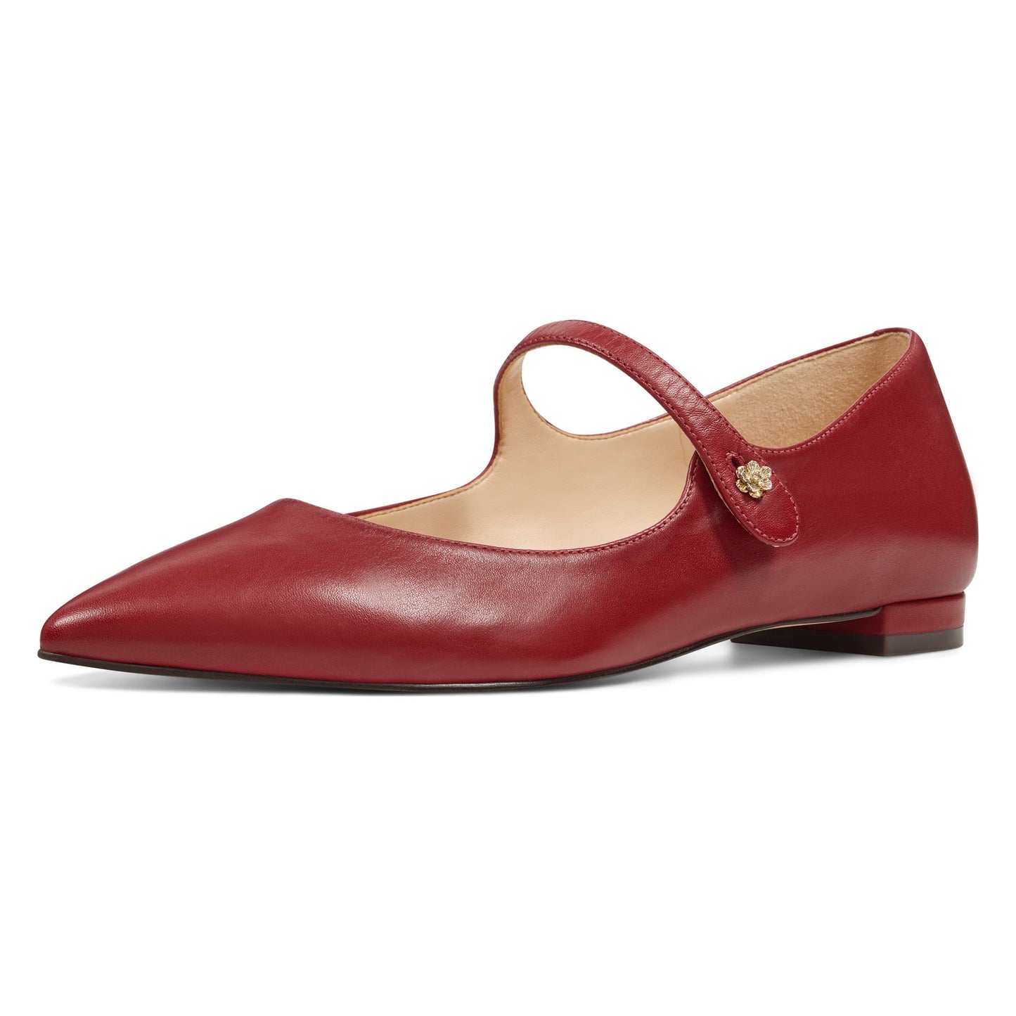 Maroon Mary Jane Shoes Flower Buckle Pointed Toe Flats