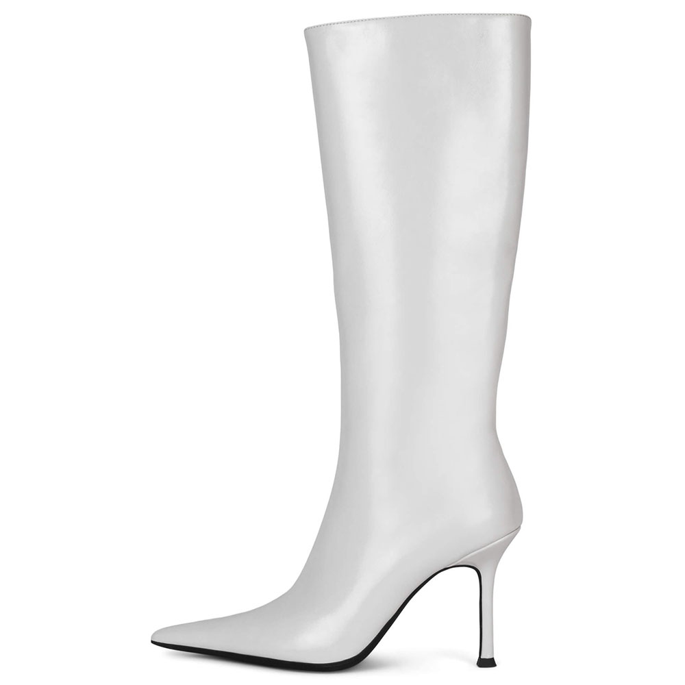 White Pointed Toe  Stiletto Heel Wide Calf Knee High Boots