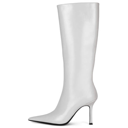 White Pointed Toe  Stiletto Heel Wide Calf Knee High Boots
