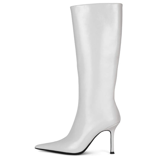 White Pointed Toe  Stiletto Heel Wide Calf Knee High Boots