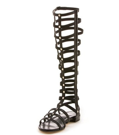 Classic Black Open-Toe Strappy Flats Knee High Gladiator Sandals