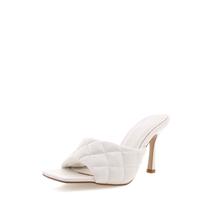 White Quilted Square Toe High Heel Mules for Women
