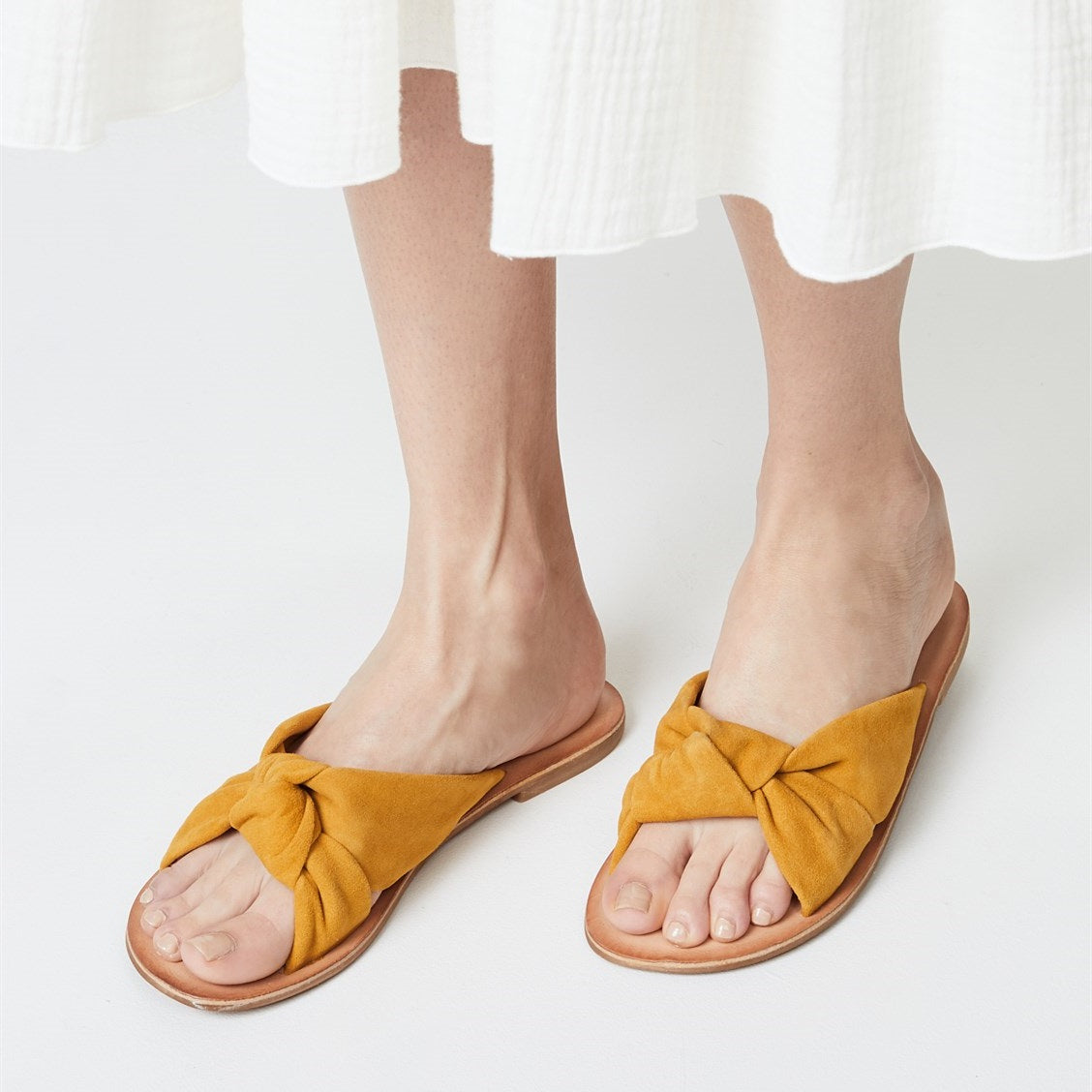 Casual Mustard Vegan Suede Open-Toe Knotted Flats Slide Sandals
