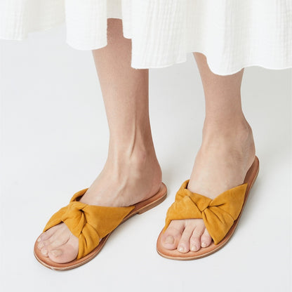 Casual Mustard Vegan Suede Open-Toe Knotted Flats Slide Sandals