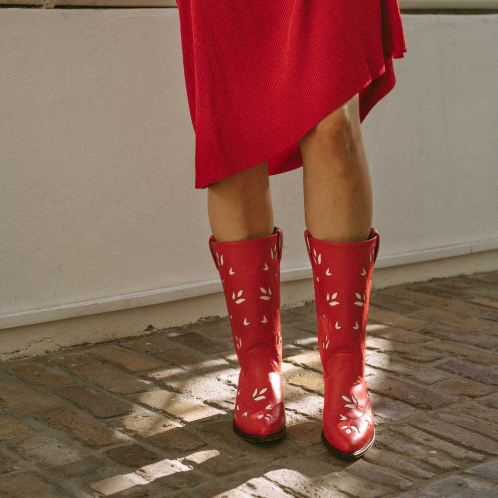 Red Pointy Toe Stitched Leaf Decor Chunky Heel Mid Calf Boots