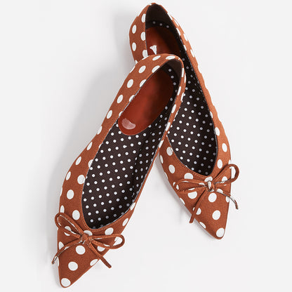 Brown Satin Pointy Toe Polka Dot Bow Flats for Women