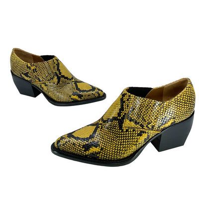 Yellow & Black Snake Embossed Almond Toe Chunky Heeled Ankle Boots