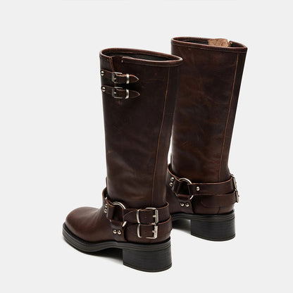 Brown Chunky Heel Buckle Strap Faux Leather Motorcycle Mid Calf Boots