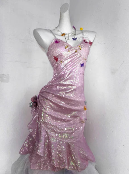 Glitter Pink Sequin Spaghetti Strap Butterfly Design 16th Birthday Party Dress Homecoming Dress TP4042