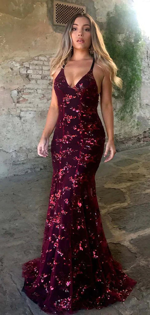 Mermaid Sequins Backless Long Prom Dress