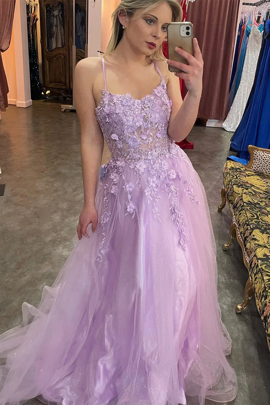 Spaghetti Straps Lilac Floral Appliques Evening Prom Dresses