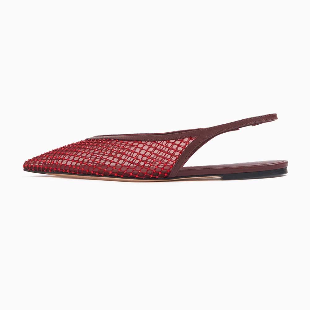 Maroon & Red Pointed Toe Rhinestone Mesh Flats with Slingback Strap