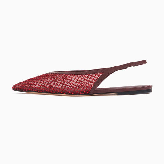 Maroon & Red Pointed Toe Rhinestone Mesh Flats with Slingback Strap