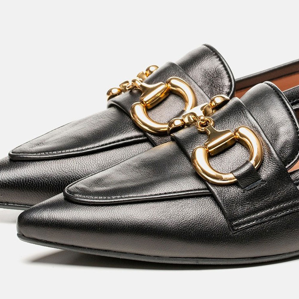 Black Pointed Toe Flat Horsebit Embellished Women's Loafers