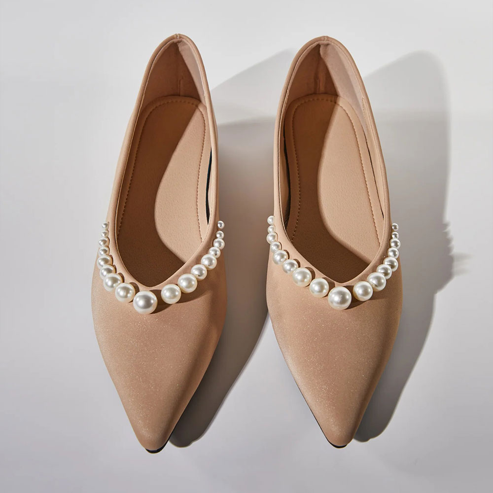 Women's Classy Tan Satin Pearl Embellished Pointed Toe Flats