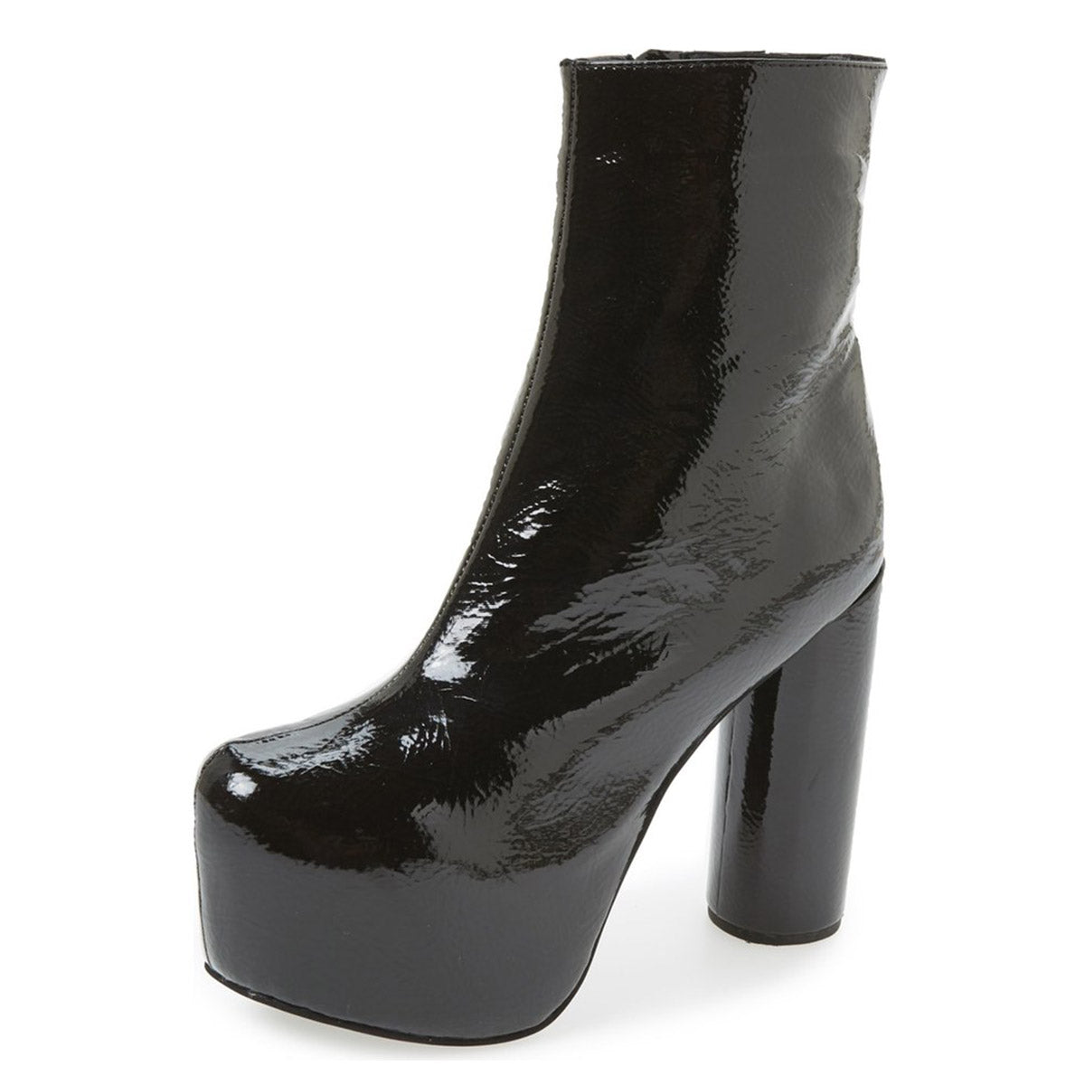 Black Glossy Cylindrical Heel Side Zipper Platform Ankle Boots
