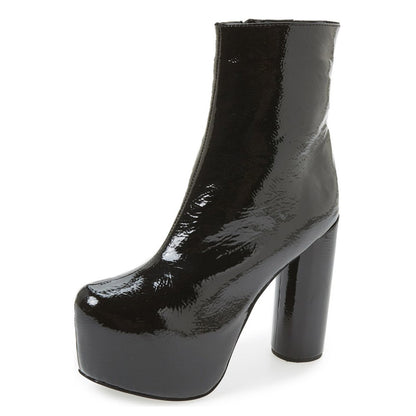 Black Glossy Cylindrical Heel Side Zipper Platform Ankle Boots