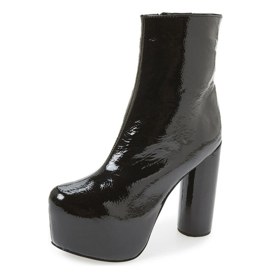 Black Glossy Cylindrical Heel Side Zipper Platform Ankle Boots