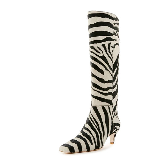Zebra Printed Vegan Suede Square Toe Knee High Boots with Kitten Heel