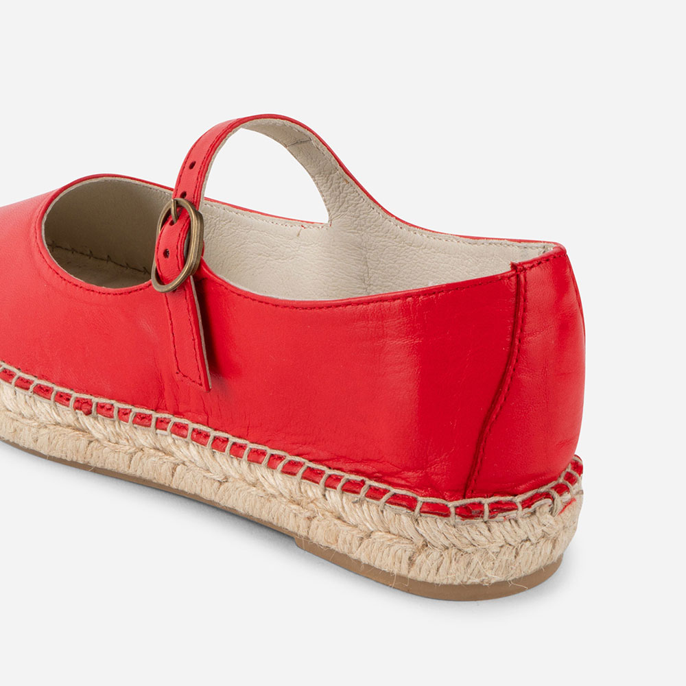Simple Red Square Toe Buckle Strap Espadrille Mary Jane Flats
