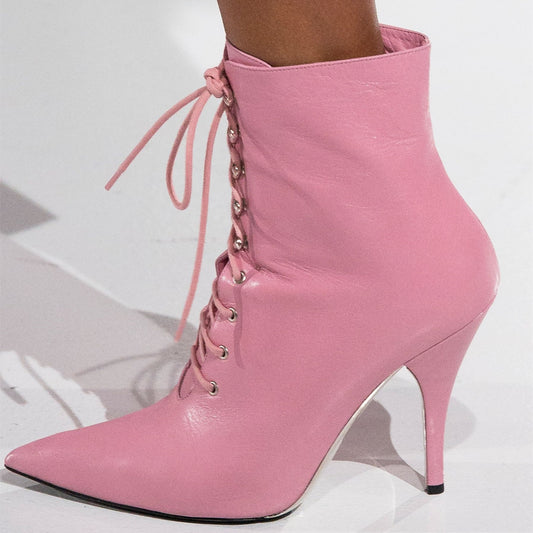 Baby Pink Pointed Toe Stiletto Heel Lace Up Ankle Boots