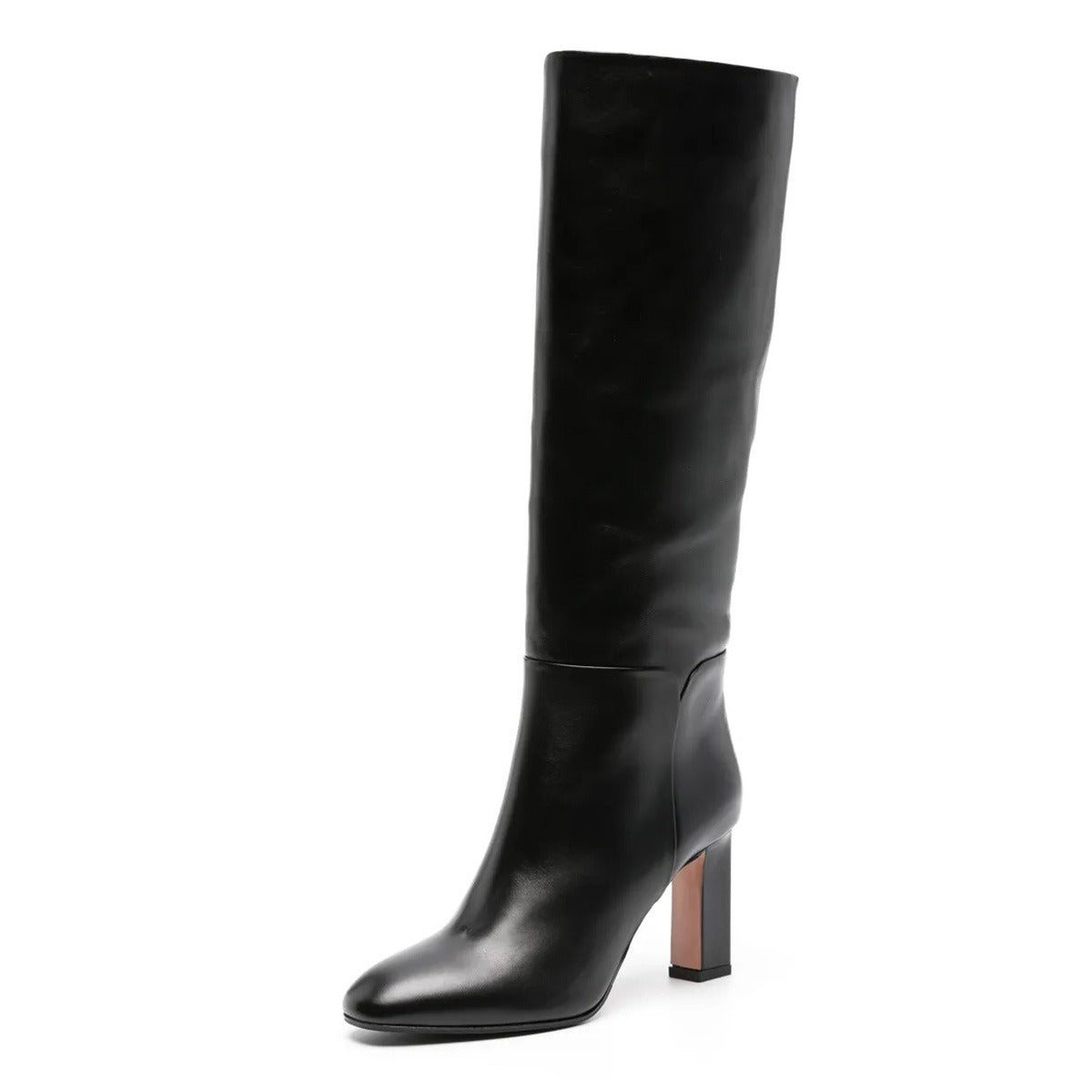 Black Round Toe Chunky Heel Pull-On Knee High Boots for Women