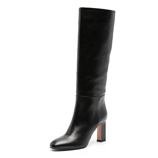 Black Round Toe Chunky Heel Pull-On Knee High Boots for Women