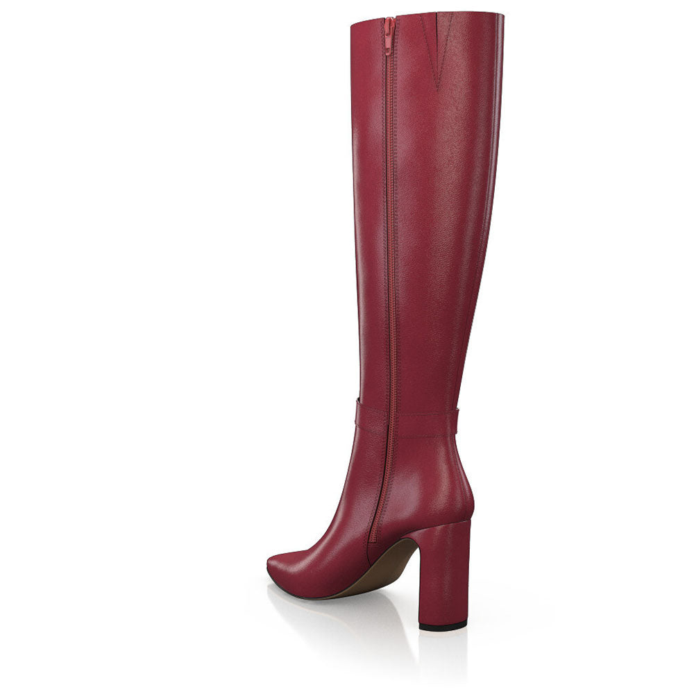 FSJ Burgundy Pointed Toe Heeled Knee High Boots with Ring Buckle