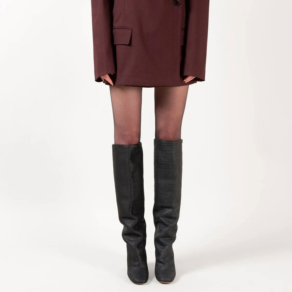 Black Woven Round Toe Chunky Heel Slouchy Knee High Boots