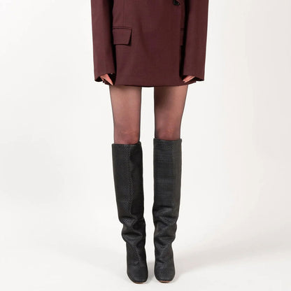 Black Woven Round Toe Chunky Heel Slouchy Knee High Boots