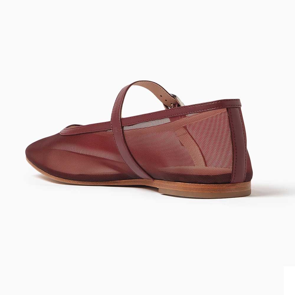 Mesh Square Toe Buckled Strap Mary Jane Ballet Flats in Maroon