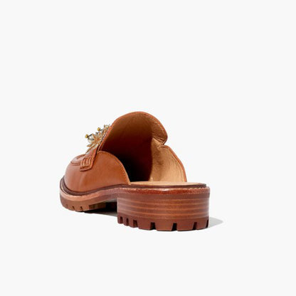 Brown Closed Round Toe Mules With Flower Decor Lug Sole Flats