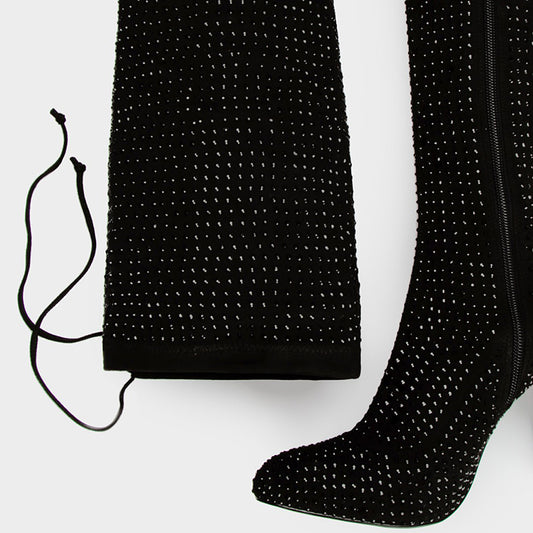 Black Vegan Suede Rhinestone Chunky Heel Thigh High Boots