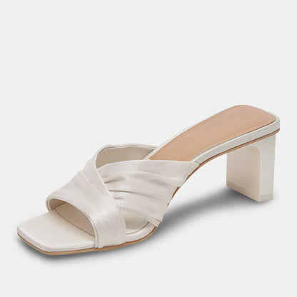 White Satin Square Toe Block Heel Ruched Mule Sandals for Wedding