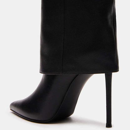 Vegan Leather Pointed Stiletto Heel Fold-Over Knee High Boots in Black