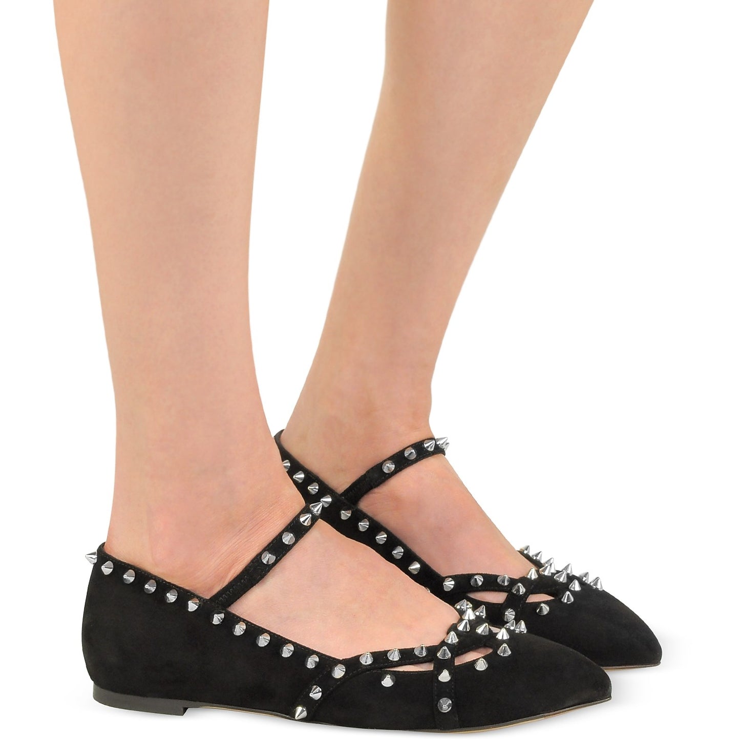 Black Vegan Suede Pointed Toe Rivets Strappy Mary Jane Flats