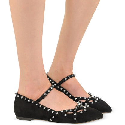 Black Vegan Suede Pointed Toe Rivets Strappy Mary Jane Flats
