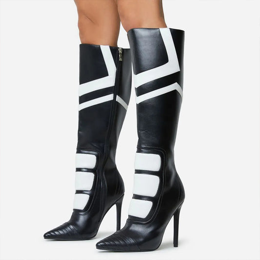 Black and White Moto-Inspired Stiletto Heel Women's Knee High Boots