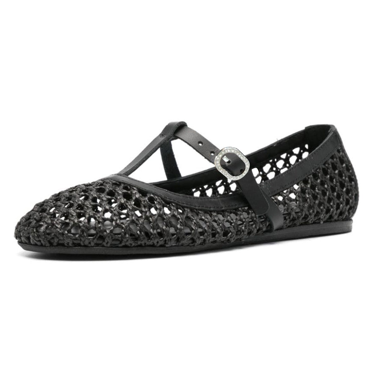 Black Raffia Woven Cut-Out T-Strap Rhinestone Buckled Ballet Flats