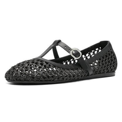 Black Raffia Woven Cut-Out T-Strap Rhinestone Buckled Ballet Flats